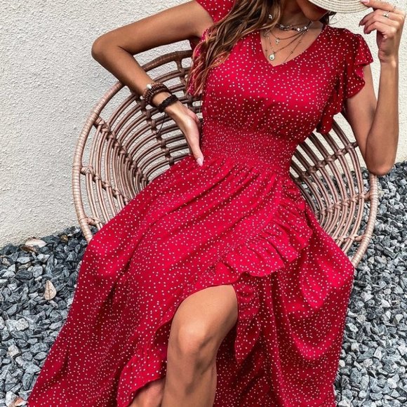 RED Boho Polka Dot Butterfly Sleeve Maxi Dress - Picture 3 of 6